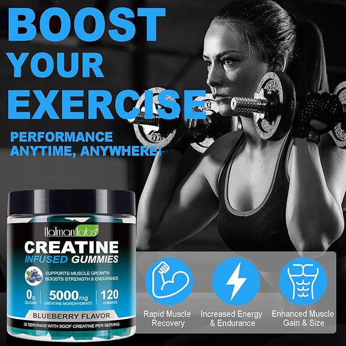 Creatine Monohydrate Gummies for Men & Women - 5g per Serving, Low Sugar Creatine Monohydrate Gummies - Increase Strength, Muscle Gain, Recovery, Endurance - Vegan, Gluten-Free,Blueberry (120 Count)