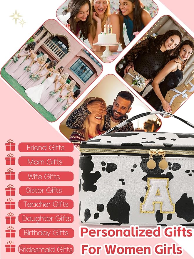 Personalized Monogram Makeup Bag with Dividers - Cow Print Travel Toiletry Organizer for Women | Waterproof Cosmetic Pouch with Brush Holder & Handle (9.8x6.7x5.1in)