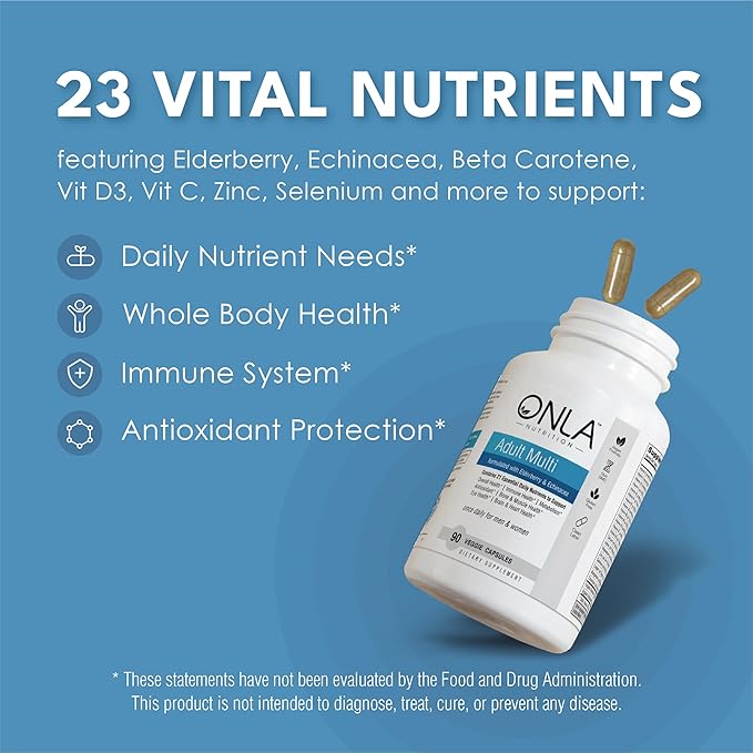 ONLA Elderberry Supplements for Women 80mg - Vegan Multivitamins for Immune Support with Echinacea 20mg, Zinc, Vitamin A,C, D3, & B6 - Non-GMO, Gluten-Free Daily Capsules- 3 Month Supply-Made in USA