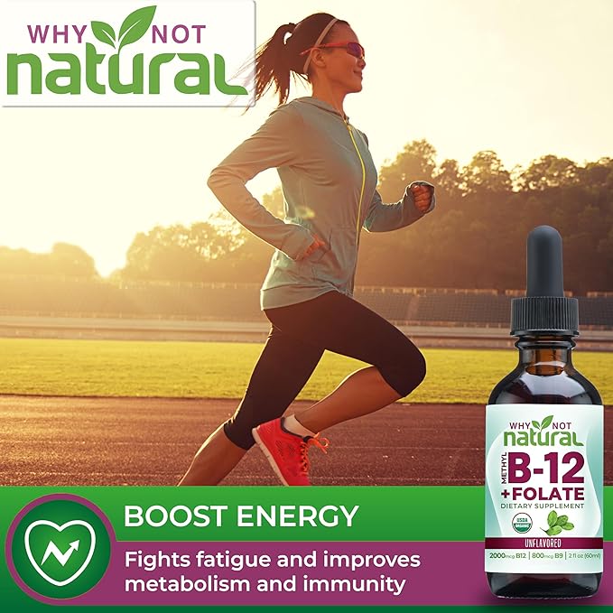 Why Not Natural Vitamin B12 Liquid Plus Folate - Organic Sublingual Extra Strength Vegan Drops - Methyl B12 and Folinic Supplement