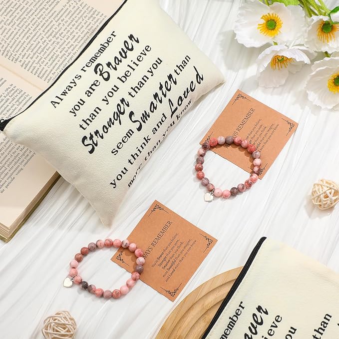 Tondiamo 6 Sets Inspirational Appreciation Gifts Include 6 Inspirational Natural Stone Bracelets 6 Cards and 6 Motivational Canvas Makeup Bags for Team Coworkers Nurse