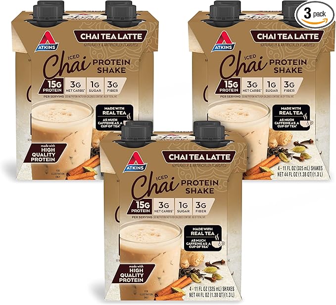 Chai Tea Latte Protein Shake, 15g Protein, Low Glycemic, 3g Net Carb, 1g Sugar, Keto Friendly , Set of three 4-pack