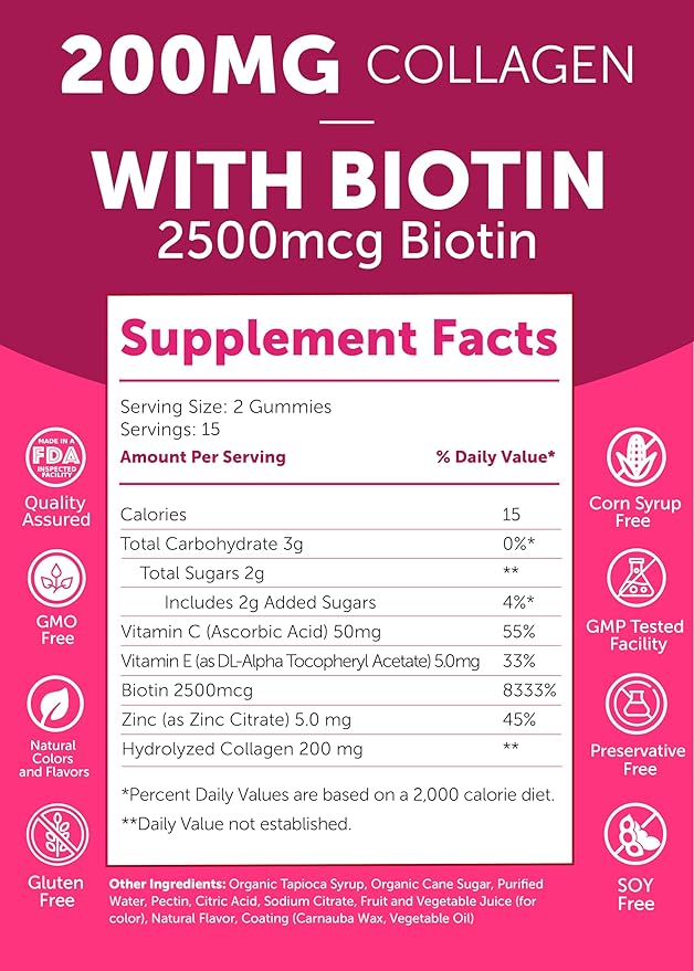 Collagen Gummies for Women and Men with Biotin Zinc Vitamin C and E - Anti Aging, Hair Growth, Skin Care Collagen Supplements - Non-GMO, Gluten Free - 30 Collagen Gummy Vitamins - 15 Days Supply