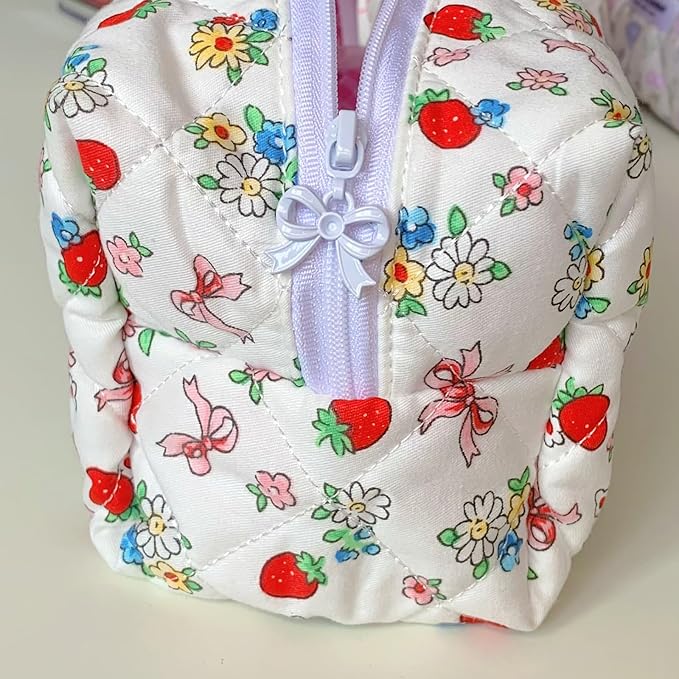 Quilted Makeup Bag, Handmade Strawberry Cosmetic Bag Pencil Case Coquette Aesthetic Floral Makeup Organizer Bag, Travel Skincare Toiletry Brushes Organizer(White Berries)