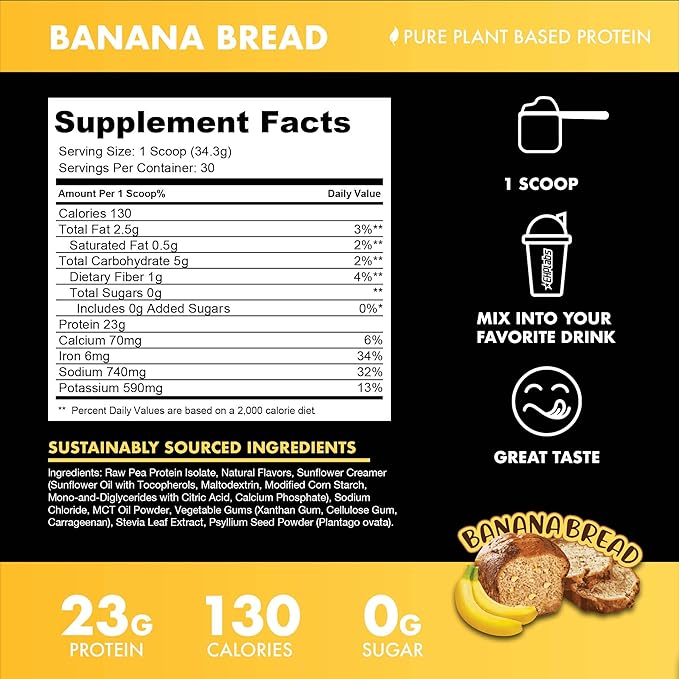 Blessed Vegan Protein Powder - Plant Based Protein Powder Meal Replacement Protein Shake, 23g of Pea Protein Powder, Dairy Free, Gluten Free, Soy Free, No Sugar Added, 30 Servings (Banana Bread)
