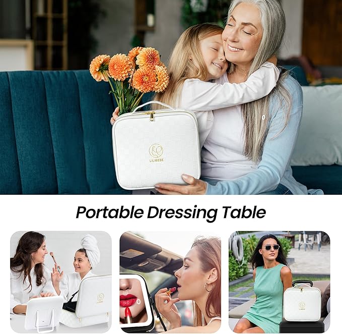 Makeup Bag with Light up Detachable Mirror 3 Color Scenarios Adjustable Brightness Large Cosmetic Organizer Storage Adjustable Dividers Waterproof Makeup Brushes Toiletry Gift White