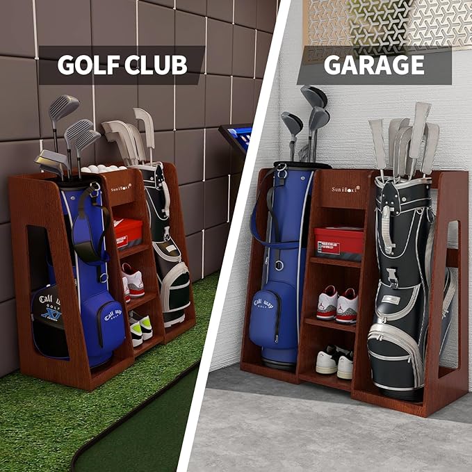 Golf Bag Organizer Storage Rack Stand Holder Fits 2 Extra Large Golf Club Bags and Multiple Golfing Equipment Accessories Great Gifts for Any Skill Level Golfer in Garage Shed Basement Indoor Outdoor