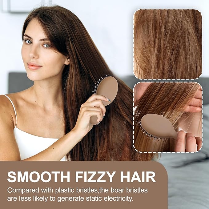 Mini Boar Bristles Hair Bursh, Travel Size Hair Brush for Women Men Kids, Protable Small Hair Brush for Pockets Purses, Mini Detangler Brush for Smooth Add Shine (1 Pack-Mocha)
