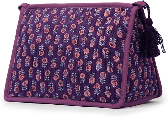 Quilted Makeup Bag- Large Capacity Cosmetic Bags for Women - Water Resistance Lining Portable Pouch & Open Toiletry Bag - Perfect Girls Makeup Organizer for Travel Essentials (Purple & Orange Floral)