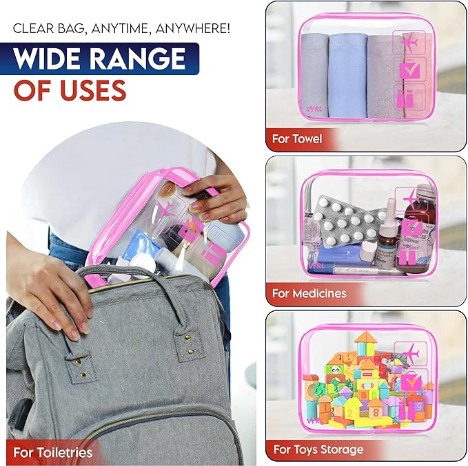 VYRL 3 Pack Clear Makeup Bag - Quart Size 3-1-1 TSA Approved Toiletry Bag with Zipper - Water-Resistant Durable PVC Clear Toiletry Bag for Carry-on Airport Travel Accessories - Rose Pink