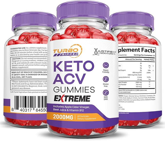Turbo Ripped Keto ACV Gummies Extreme 2000MG Turbo Ripped Keto Gummies Apple Cider Vinegar Formulated with Pomegranate Beet Juice Powder B12 Vegan Non GMO 60 Gummys