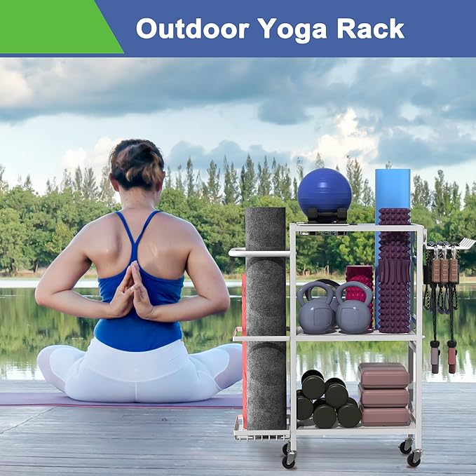 Home Gym Storage Rack, 3 Tier Yoga Mat Storage Rack with Wheel for Yoga Lover, Exercise Equipment and Workout Equipment Organizer, Yoga Mat Holder for Yoga Mats, Foam Roller and Dumbbells