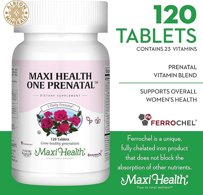 Maxi Health One Prenatal - Womens Prenatal Vitamins with Iron - Enhanced Absorption & Bioavailability - Daily Multivitamin for Women - Multi Vitamin & Mineral Supplement for Adults - 120 Capsules