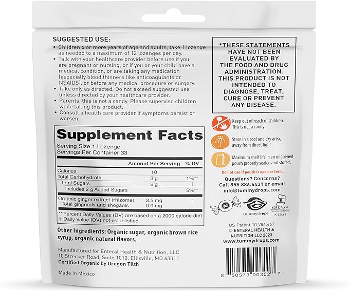 USDA Organic Natural Ginger Tummydrops, Gluten Free & Vegan, 33 Individually Wrapped Drops in a Resealable Bag