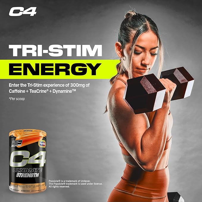 Cellucor C4 Ultimate Strength Pre Workout Powder - Tri-Stim Experience 300mg Caffeine+TeaCrine+Dynamine - Creatine & Beta-Alanine - Energy Supplement for Men & Women - Orange Popsicle, 20 Servings