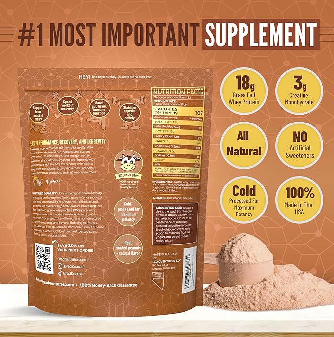 B.rad Grass-Fed Whey Protein Isolate Powder with Creatine | All-Natural, Ultra-Pure, Clean Ingredients | 100% USA-Sourced Superfuel | 2 Pounds | Peanut Butter