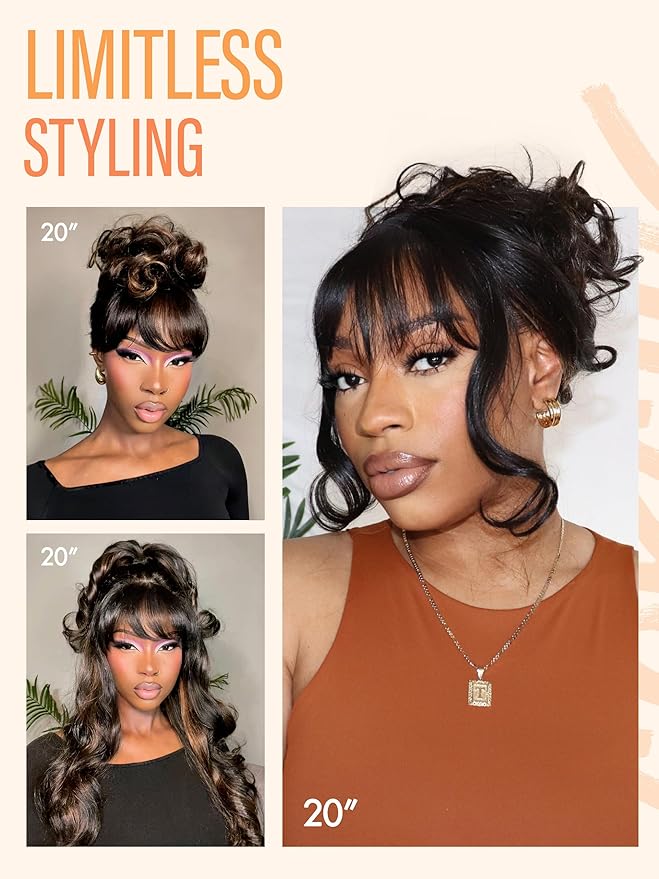 GORGIUS Glueless Wavy Wig with Bangs Highlight Brown Synthetic Curtain Bang Wig with Realistic Scalp 22 Inch
