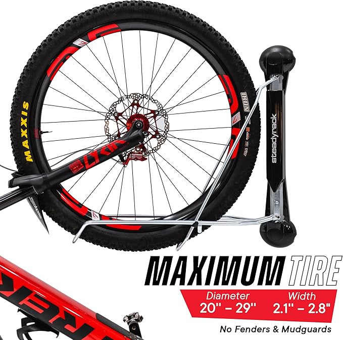 Steadyrack Bike Rack - Pivoting Mountain Bike Rack, Holds Up 77lbs, Fits 20"-29", 2.1"-2.8" Tires, Foldable Wall Mount for Space-Saving Storage Bicycle Hanger