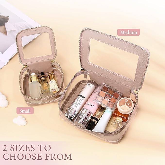 Clear Makeup Bag with Zipper Waterproof Travel Makeup Set for Cosmetics and Toiletries Women's Purse Organizer and Car Essentials (Pink, M+MINI)