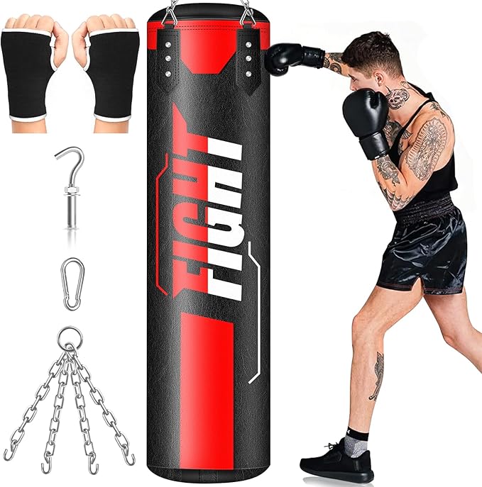Hanging Punching Bag for Adults, 4ft PU Leather Heavy Boxing Bag Set, Hanging Bag Boxing Equipment for MMA Karate Kickboxing Boxing Home Gym