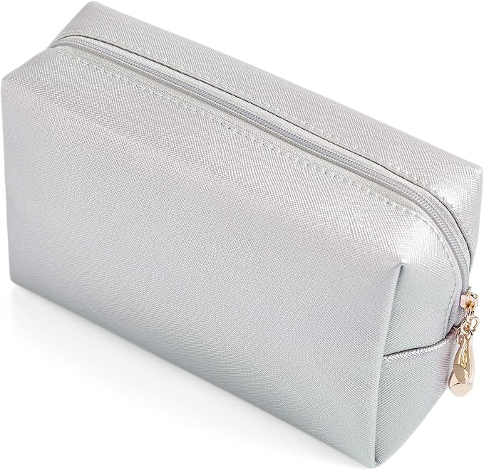 PU Leather Cosmetic Bag for Women Minimalism Makeup Bag for Daily Use Portable Storage Purse Small Neat Cosmetic Pouch Water-resistant Toiletry Bag for Travel (Silver)