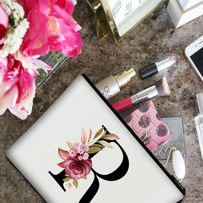 Vavabox A-Z Personalized Makeup Bag, Birthday Gifts for Women Mom, Gifts for Best Friend, Bride Bridesmaid Cosmetic bag (R, White)