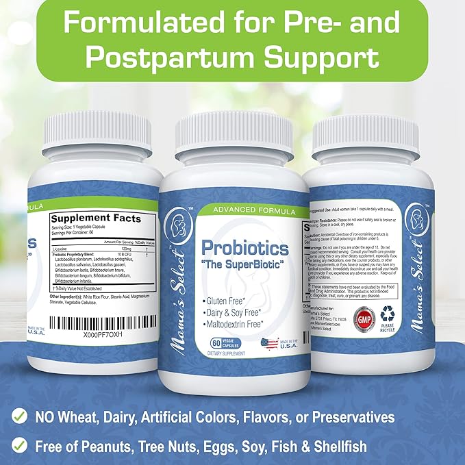 Mama’s Select Probiotics for Women Digestive Health, 9 Live Strains, Including Lactobacillus acidophilus, Adult Pre and Postpartum Gut Health Support, Weight Management, 10 Billion CFUs, 60 Capsules