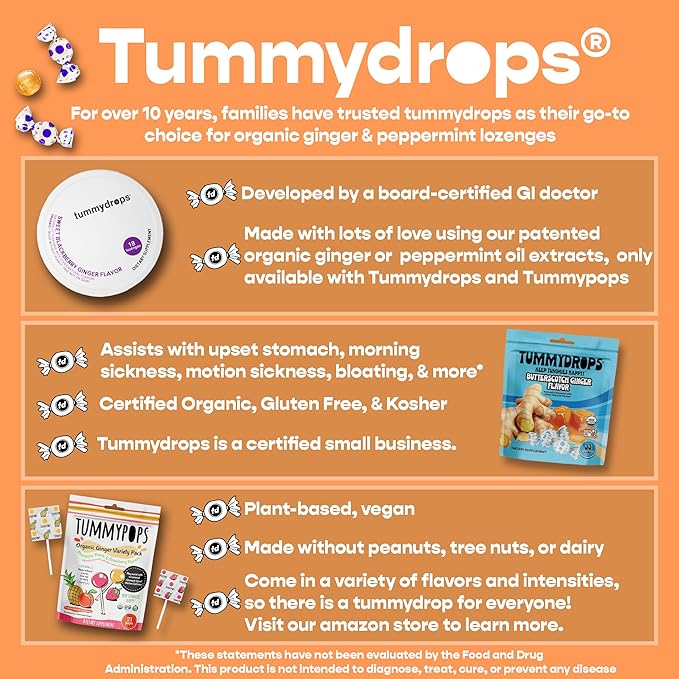 USDA Organic Natural Ginger Tummydrops, Gluten Free & Vegan, 33 Individually Wrapped Drops in a Resealable Bag