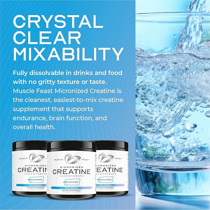 Muscle Feast Creavitalis Micronized Creatine Monohydrate Powder | Premium Pre-Workout or Post-Workout | Easy to Mix, Gluten-Free, Safe and Pure, Kosher Certified, Unflavored, 200g