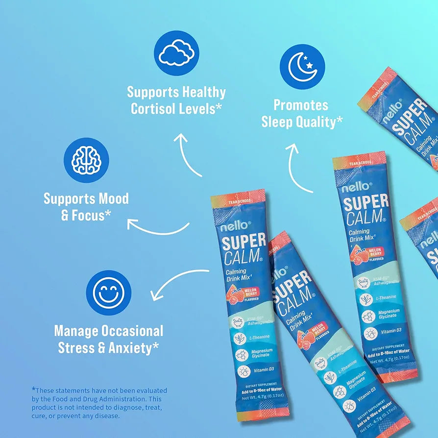 Supercalm Drink Mix - Ashwagandha KSM 66, Magnesium Glycinate & L-Theanine Supplement - Ashwagandha Root Extract - Focus and Relaxation Support (20 Travel Packets) - Melon Berry