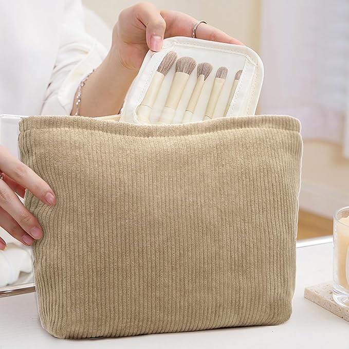Corduroy Makeup Bag Cosmestic Bag Large Capacity Ladies Women Aesthetic Make Up Organizer Accessories Zipper Pouch Purse (Beige+Light Khaki)