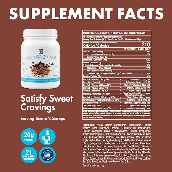 Yes You Can! Complete Meal Replacement - 15 Servings (2 Pack), 20g of Protein, 0g Added Sugars, 22 Vitamins and Minerals - All-in-One Nutritious Meal Replacement Shake (Chocolate)