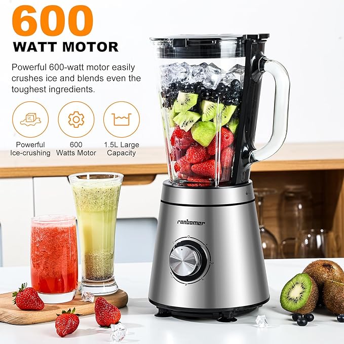 Blender,Blenders for Kitchen,Glass Blender for Shakes and Smoothies,crush ice,51oz Glass Jar,Simple Speed Dial,Black + Stainless Steel