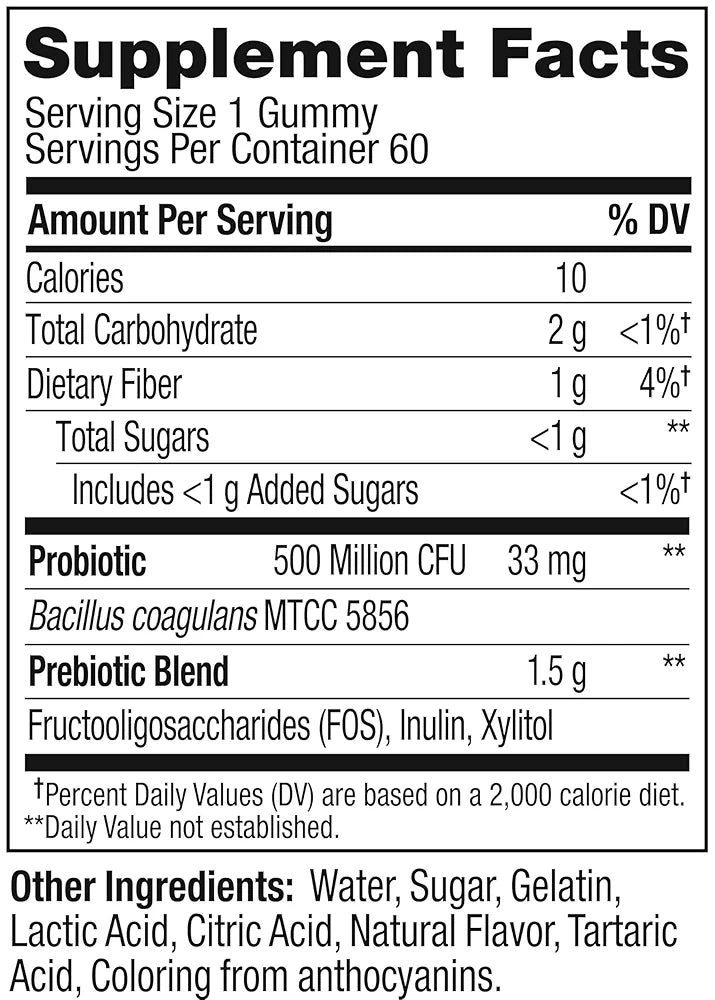 OLLY Probiotic + Prebiotic Gummy, Digestive Support and Gut Health, 500 Million CFUs, Fiber, Adult Chewable Supplement for Men and Women, Peach, 60 Day Supply - 60 Count