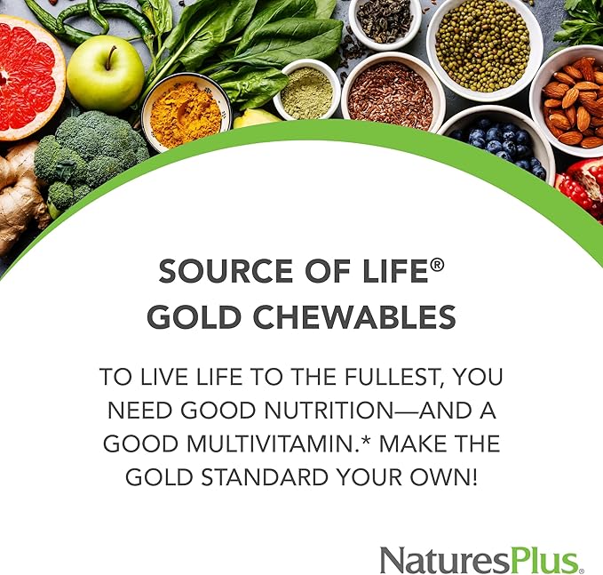 NaturesPlus Source of Life Gold Chewables - 90 Vegetarian Tablets - Tropical Fruit Flavor - Whole Food Multivitamin Supplement - Gluten Free - 30 Servings