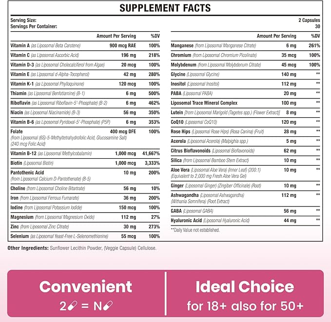Liposomal Multivitamin for Women 1400MG - Womens Daily Multi Vitamins Supplements with Iron, Vitamin A, C, D, E and B Complex for Immune Health, Hair & Skin Support for Women 18+,120 Vegan Capsules
