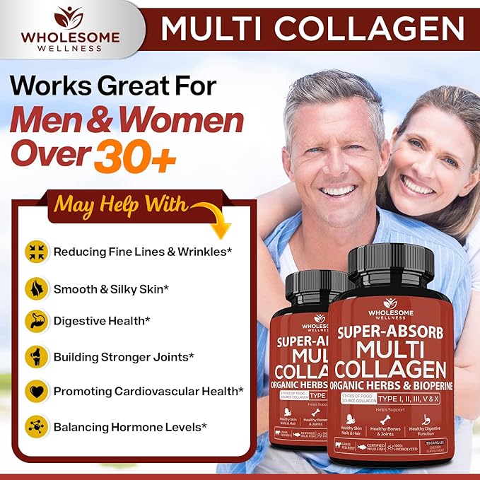Super-Absorb Multi Collagen Pills (Type I II III V X) Organic Herbs and Bioperine - Hair, Skin, Nails, Joints - Hydrolyzed Collagen Peptides Protein Supplement for Women Men (90 Capsules)