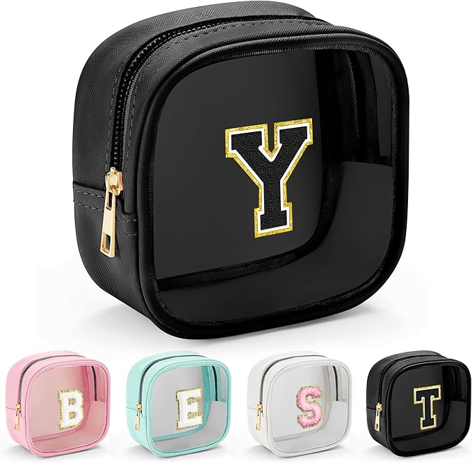YOOLIFE Initial Makeup Bag Travel Toiletry Bag, Clear Makeup Bag Car Accessories For Women Clear Makeup Bags With Zipper Girlfriend Teacher 13 Year Old Girl Gifts Daughter Girl Gifts Mini Black Y
