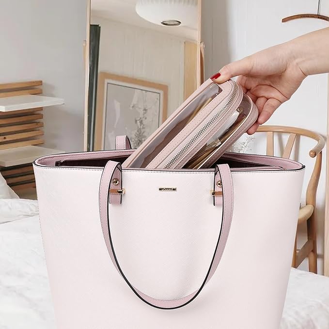 Travel Clear Makeup Bag with Brush Case TSA Approved Toiletry Bag Waterproof Cosmetic Organizer Car Essential for Women (Pink, M+SLIM)