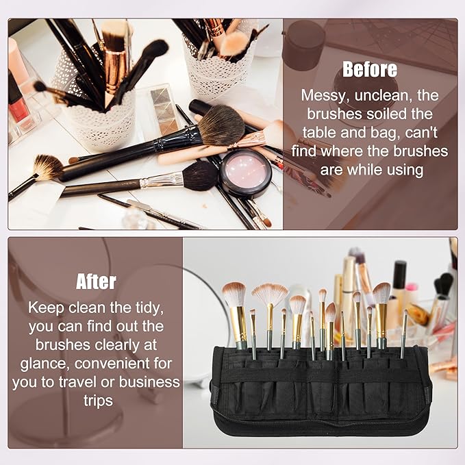 VOCOSTE Foldable Makeup Brush Holder, 23 Pockets Makeup Brush Organizer, Stand-up Makeup Brush Travel Bag Cosmetic Case, Portable Travel Makeup Brushes Case Handbag
