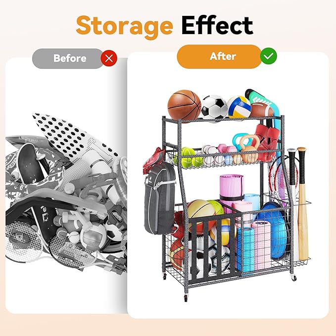 HOMREST Sports Equipment Storage, Ball Storage, Ball Holder, Garage Sports Organizer with Basket and Hooks, Rolling Sports Ball Storage with Wheels for Toy Sports Gear Storage, Black