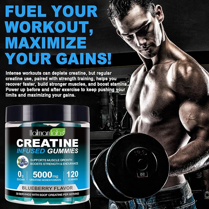 Creatine Monohydrate Gummies for Men & Women - 5g per Serving, Low Sugar Creatine Monohydrate Gummies - Increase Strength, Muscle Gain, Recovery, Endurance - Vegan, Gluten-Free,Blueberry (120 Count)