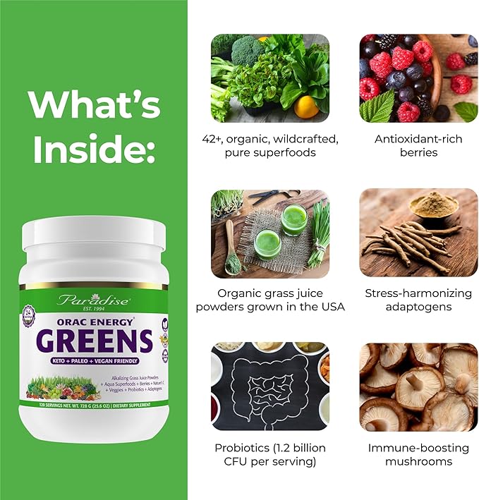 Paradise Herbs, ORAC Energy Greens Powder, Antioxidant Power of 24 Servings of Fruits & Vegetables in 1 Scoop, 120 Servings