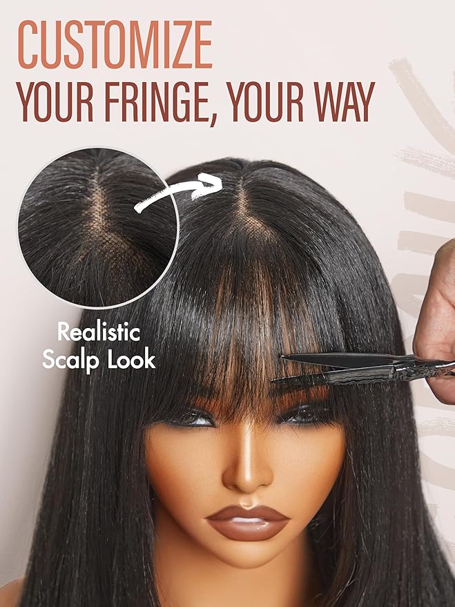 GORGIUS Glueless Wig with Bangs Natural Black Straight Layered Hair Ready-to-Go Synthetic Bang Wigs with Realistic Scalp 24 Inch