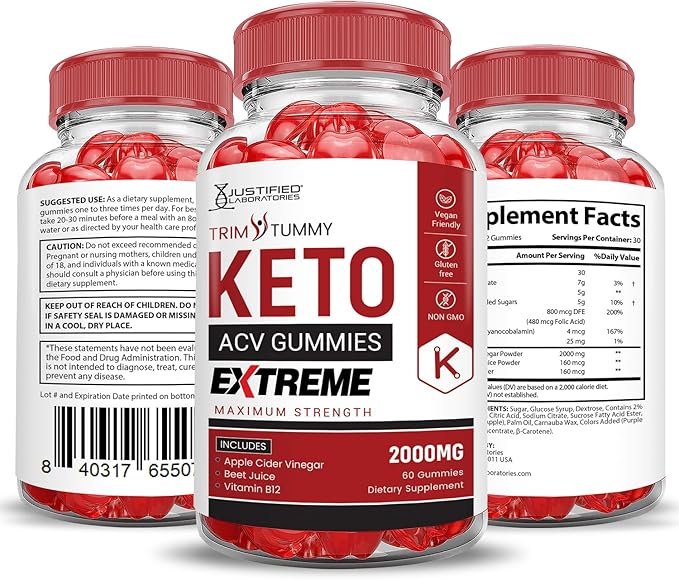 Trim Tummy Keto ACV Gummies Extreme 2000MG Trim Tummy Keto Gummies Apple Cider Vinegar Formulated with Pomegranate Beet Juice Powder B12 Vegan Non GMO 60 Gummys