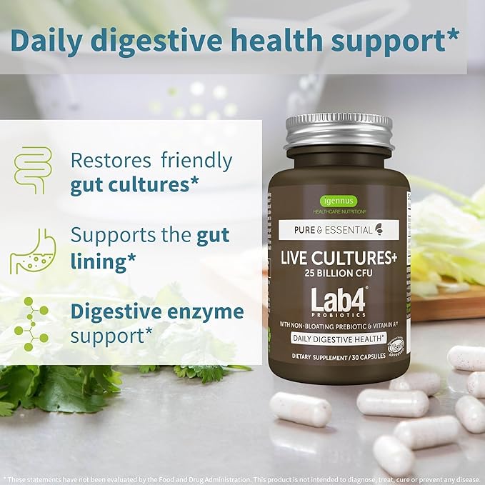 Live Cultures+ Lab4 Probiotics & Prebiotic, Lactobacillus Acidophilus & Bifidobacterium, Guaranteed 25 Billion CFU,Vegan, Non-Bloating Gut Health Support, Non-GMO, 6 x 30 Capsules, by Igennus