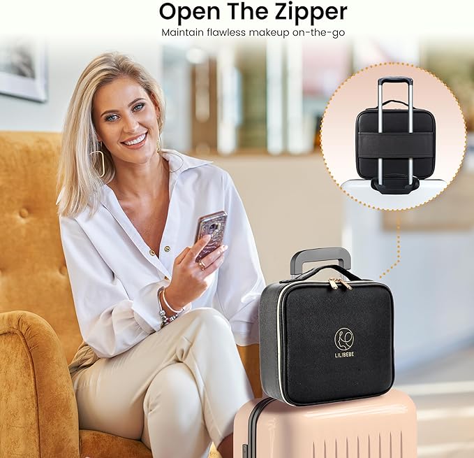 Travel Makeup Bag with Led Mirror Detachable 3 Color Scenarios Adjustable Brightness Large Cosmetic Organizer Storage Adjustable Dividers Waterproof Makeup Brushes Toiletry Gift Black