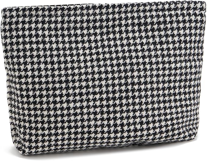 WOZEAH Checkered Makeup Bag for Purse Small Cosmetic Pouch,Stylish Zipper Make up Pouch Travel Canvas Toiletry Bags(Houndstooth)