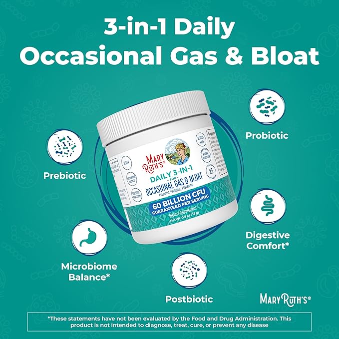 MaryRuth Organics 3-in-1 Gas & Bloat Probiotics | Probiotics for Normal Digestive Function | Probiotics for Women & Men | Prebiotics & Postbiotics | 60 Billion CFU | Shelf Stable | 0.5 oz