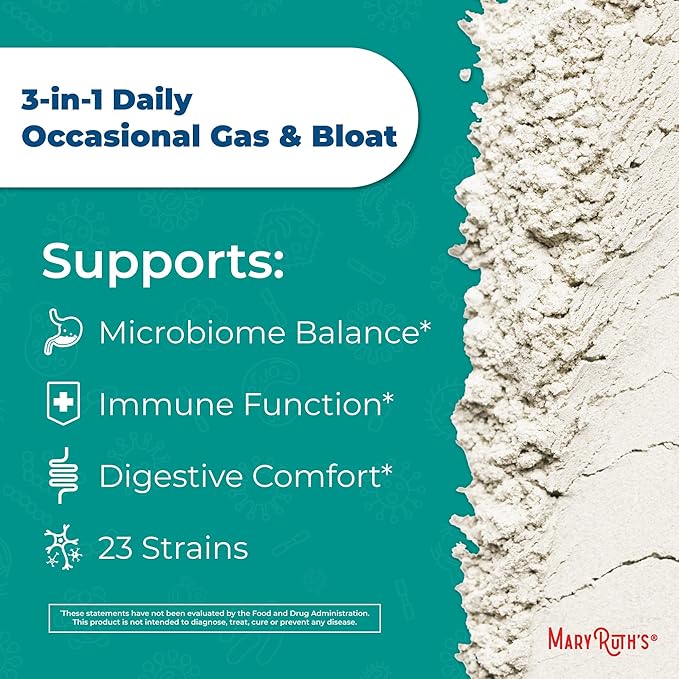MaryRuth Organics 3-in-1 Gas & Bloat Probiotics | Probiotics for Normal Digestive Function | Probiotics for Women & Men | Prebiotics & Postbiotics | 60 Billion CFU | Shelf Stable | 0.5 oz